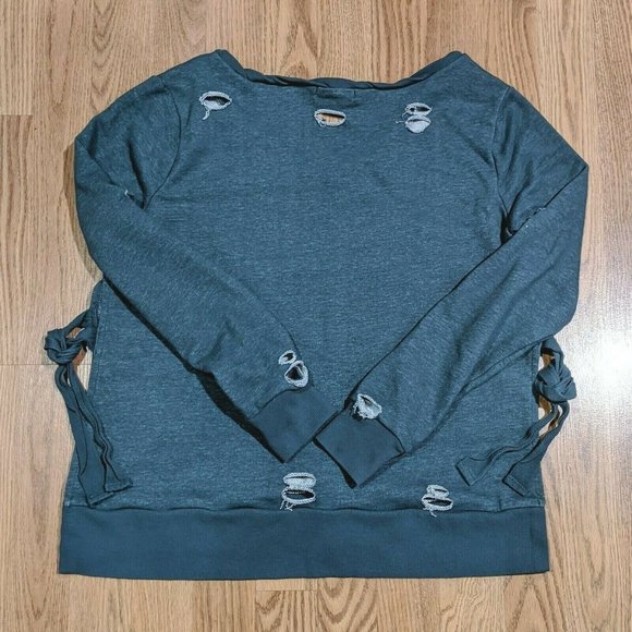 Romeo Juliet Couture Twist Neck Distressed Sweatshirt Gray Side Tie Size Medium - Picture 2 of 6